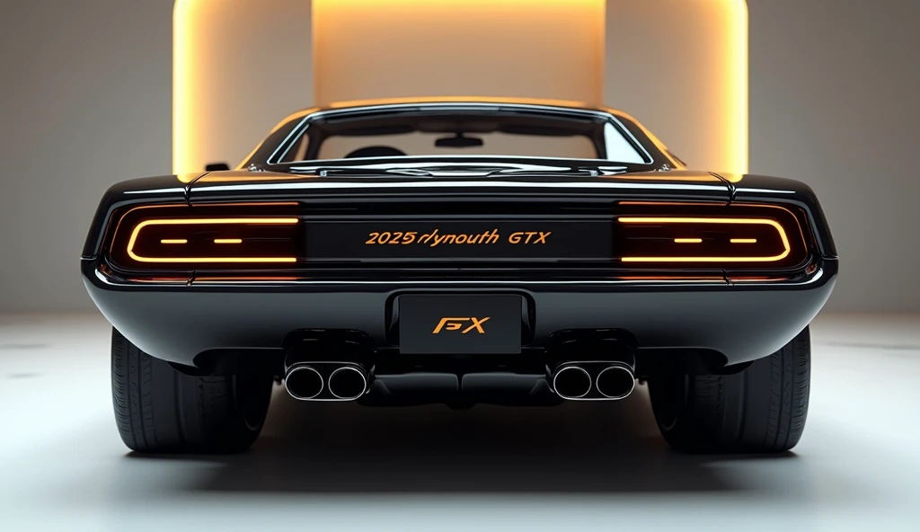 Create a 3d render  car design   back end 2025 Plymouth gtx back end black  clour with a “2025 Plymouth gtx back  end  ” logo Plymouth gtx on back.  “” on its   right style . and. Headlights“in pure glossy yellow with ultra detailed glossy shining image ca...