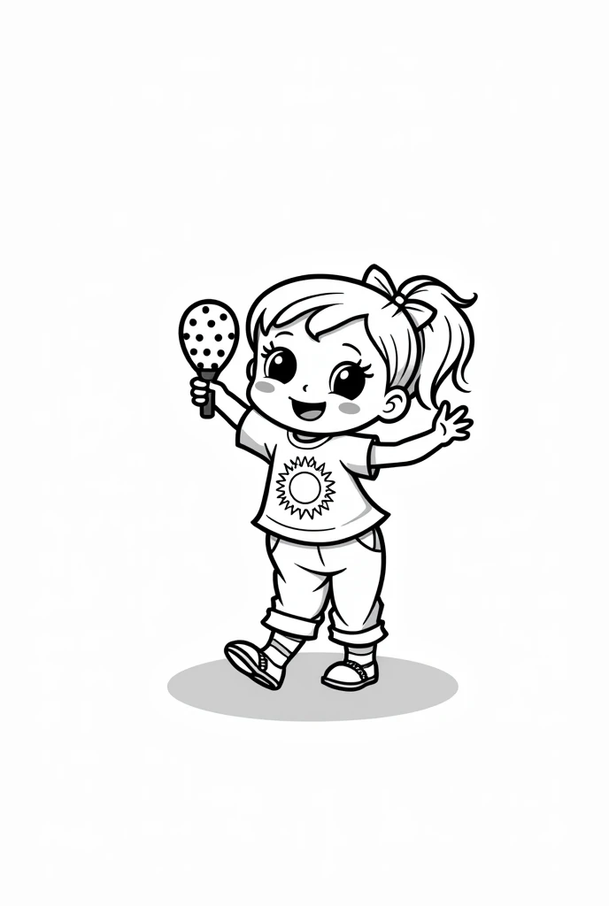 A playful cartoon-style illustration of a young  dancing and holding a maraca. The  has a beaming smile, chubby cheeks, and a ponytail with a bow. They are wearing a sun-printed t-shirt, rolled-up pants, striped socks, and Velcro shoes. The maraca has a do...