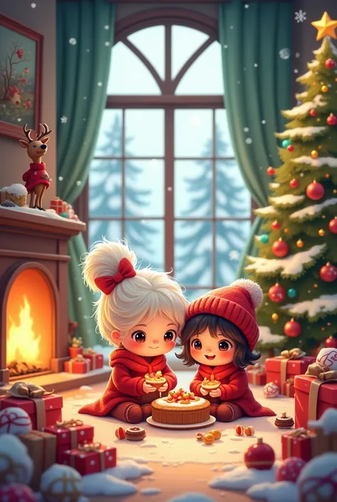 Chibi 2D Cute , Christmas has 2 characters grandma and granddaughter sitting in a very large room,  around lots of presents and sweets , there is a reindeer ,  christmas tree ,  on the wall of Christmas paintings ,  in the house with a fire stove ,  outsid...