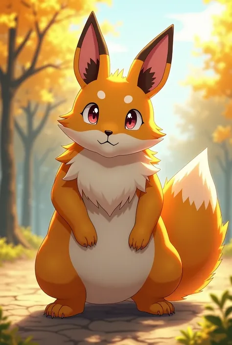 A fat Renamon, humanoid fox Digimon, stands alone in the scene. The main focus is on the detailed portrayal of this character and their feminine beauty. the Renamons fur is lush and soft with the sun lightly reflecting off every hair of its body. its femin...