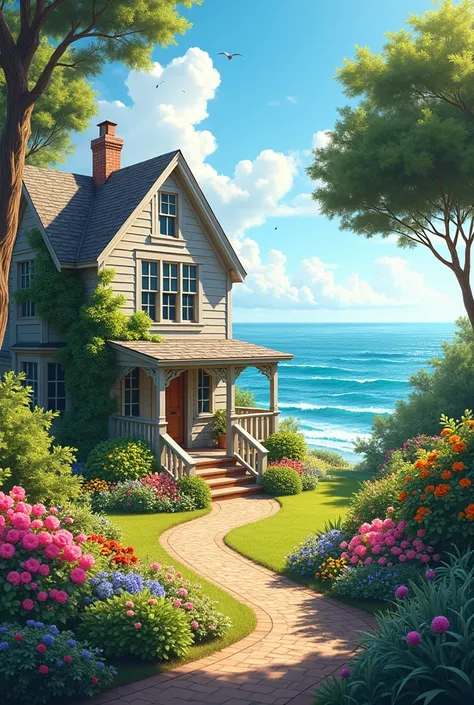 create a house by the sea,  Sunny weather  ,summer garden, blooming bushes, flowers