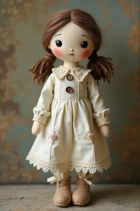 Create a vintage girl doll handmade from fabric and it is standing