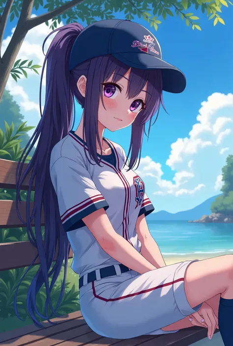 Japanese animation style、High school girl、Baseball uniform 、 Baseball Cap 、Rest area、Dark Purple Long Hair、single ponytail、 purple pupils