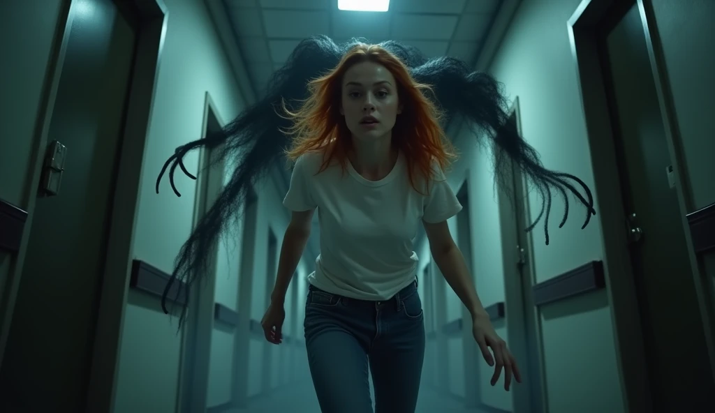 The dark hospital corridor ,  under the ceiling, a black substance with tentacles with claws of their dark energy, tentacles with claws reach out of energy to the girl ,  redhead girl in a white t-shirt and jeans runs away,  front view 