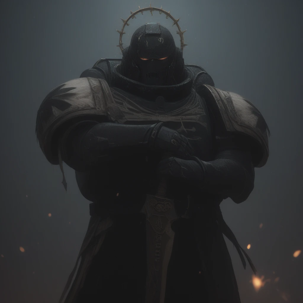 cinematic film still, Black tamplers, large space marine, Holds a sword above himself, Swings his sword, highly detailed, bokeh, moody, epic, film grain, grainy 