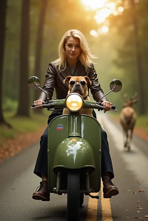  a slim woman with blond shoulder-length hair on an olive green motorcycle with sidecar.  sitting in the sidecar a light brown bulldog with aviator goggles . You drive through a forest ,  On the side of the road there is a deer . the sun shines