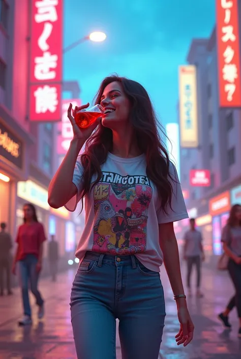 A long straight brunette mature woman wearing an abstract picture t-shirt , celana jeans,  in urban ,  In urban landscapes and holographic signs ,  HAPPY on the road .  drinking and laughing ,, WRITING " HSC 29K  " Above the sky ,  The background is modern...