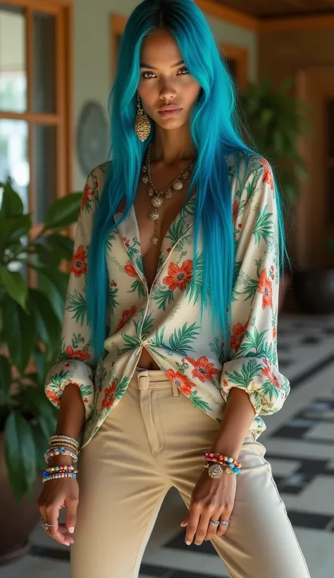 An androgynous man , of indigenous descent, with long, straight hair,  dyed in vibrant blue .  He wears a loose silk shirt printed with tropical flowers ,  combined with beige tailoring pants and silver platform shoes.  He wears several rings ,  beaded bra...