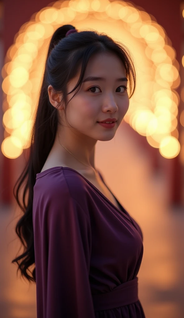 A photo of a beautiful korean woman chubby and smiling face at the camera. Her hair in ponytail and her skin is glowing. The woman is wearing a flowing dark purple dress. She is standing under an arch of lights, with a bokeh effect, creating an ethereal an...