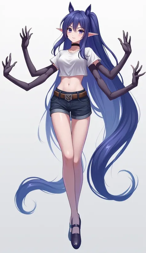 anime, 1  girl, long bluish purple hair, dark blue eyes, pointed ears, four arms, long legs, wearing a short t-shirt and shorts, stretching, four arms, sideways body position