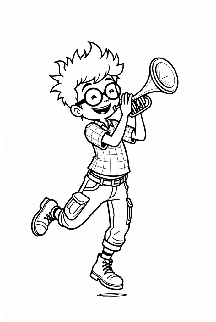 A playful cartoon-style illustration of a young  hopping and blowing a trumpet. The  has a cheeky grin, round glasses, and spiky hair. They are wearing a checkered shirt, cargo pants with big pockets, ankle socks, and lace-up boots. The trumpet has a wavy ...