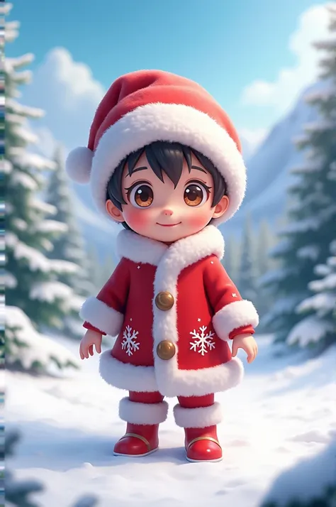 An  ai anime boy wearing Santa outfit and with a snowy background