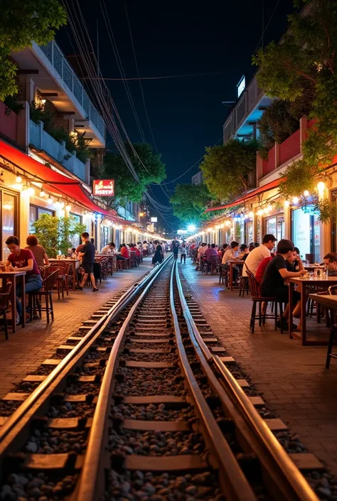 A vibrant street scene at night with rail tracks across the center. There are numerous cafes and restaurants with outdoor seating on either side of the track, and it is filled with the social atmosphere of people dining and drinking. The facilities are dec...