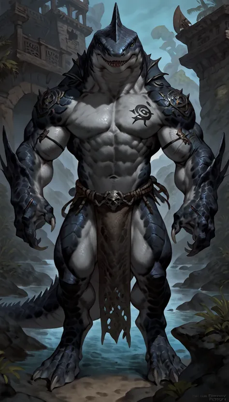 sharkman, gray belly, black and blue hands and fins, black back, solo, big arms, koholasaurus from genshin impact, bara, detailed smooth skin on abs, loincloth, lizard shark hybrid, anthro, closed mouth, detailed scales, muscular, scales on arms and legs, ...