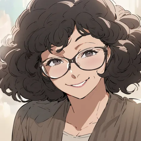 Woman in her 40s with curled afro hair　smile　front　For icons　 is wearing glasses　comical person 　unique　One person