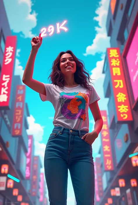  A long straight brunette mature woman wearing an abstract picture t-shirt , celana jeans,  in urban ,  In urban landscapes and holographic signs ,  HAPPY on the road . smiling , WRITING " HSC 29K  " Above the sky ,  The background is modern and cyberpunk ...