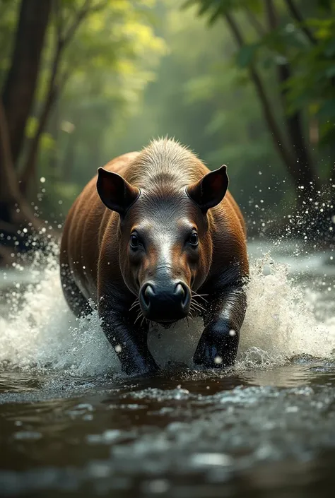  A fierce Tapir swimming.
In a river in the Amazon 
