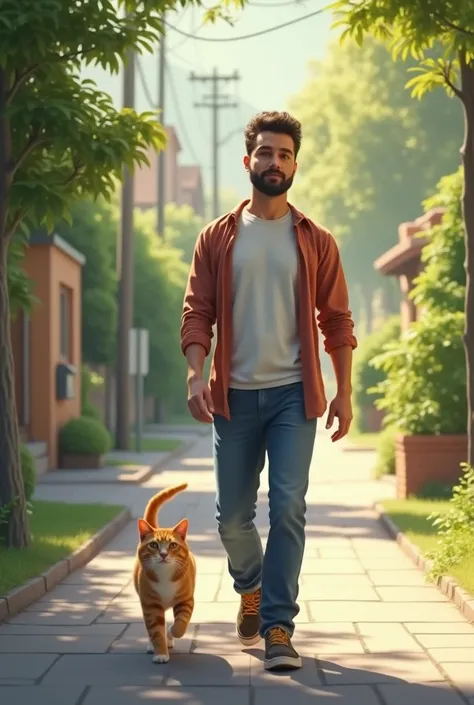 Man walks alongside cat in casual clothes