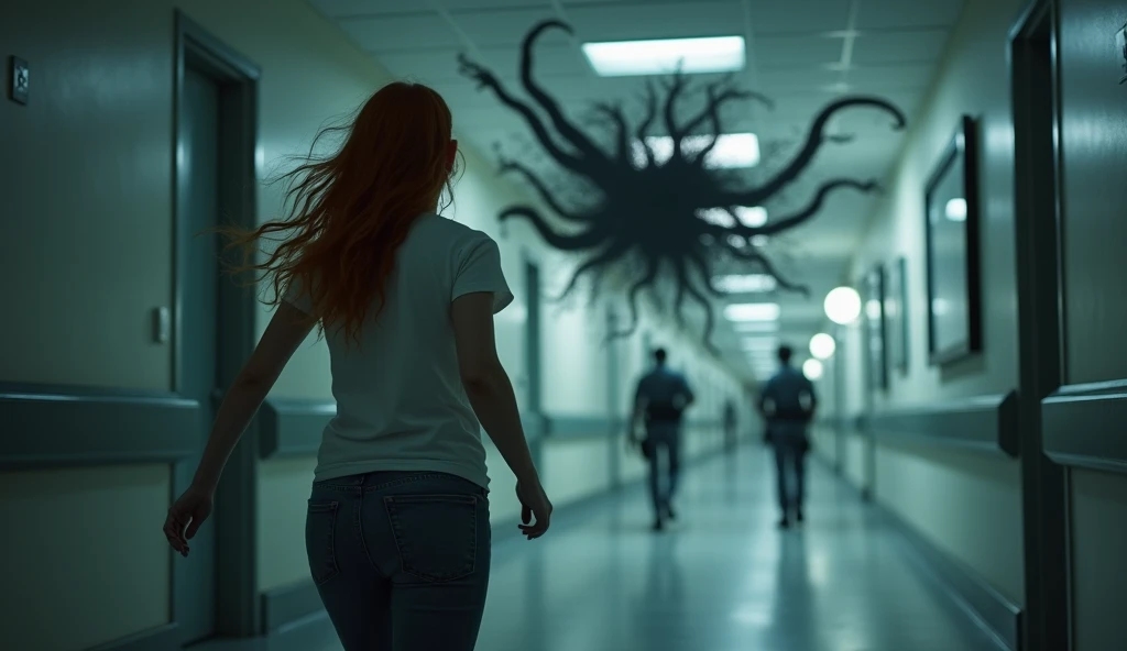 The dark hospital corridor , under the ceiling at the back is a black substance with tentacles with claws of their dark energy, tentacles with claws reach out of energy to the girl ,  beautiful redhead girl in a white t-shirt and jeans runs away,  front vi...