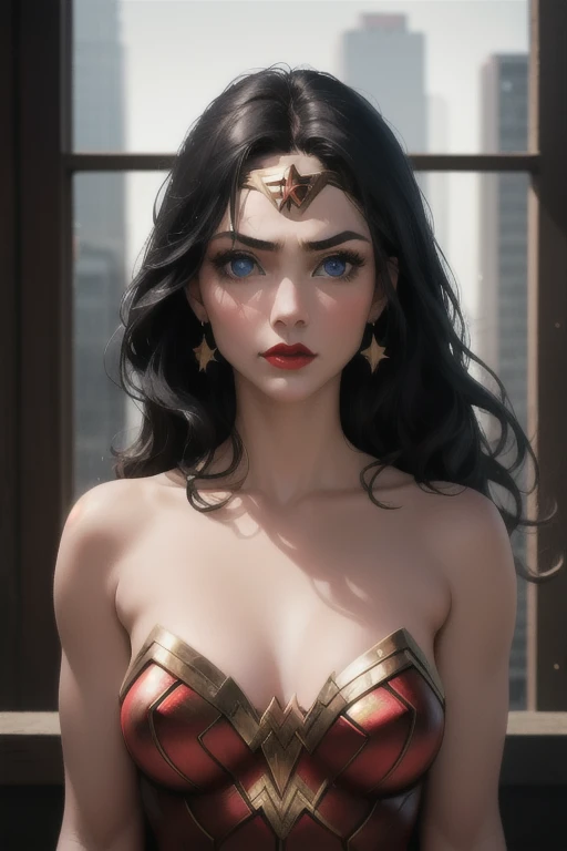 1 girl,Wonder Woman,Alone, long hair,breasts,neckline,Blue eyes, Black hair,neckline,jewelry, Bare Shoulders,Star (symbol),superhero,Red lips,earrings, strapless leotard,(  sharp focus, absurdres,masterpiece,natural light, extremely detailed :1.2),