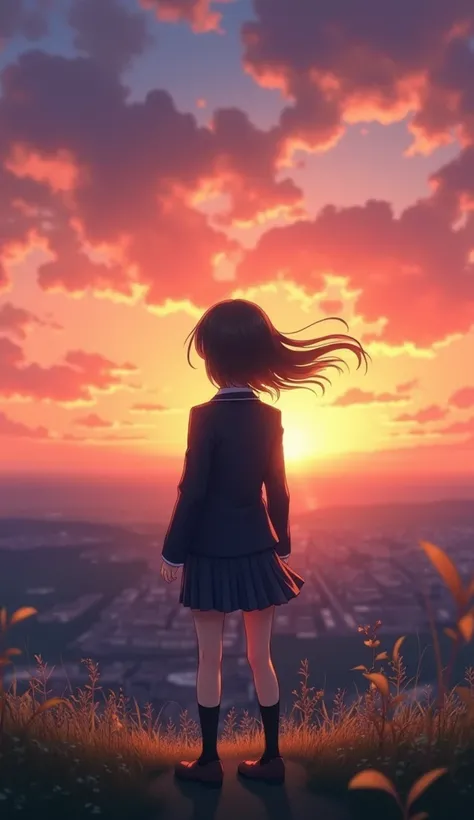 "A high school girl standing on a quiet hilltop during sunset, her back facing the viewer. She is wearing a traditional Japanese school uniform, with a pleated skirt and a blazer. Her hair is gently swaying in the wind, and she stands with a contemplative ...