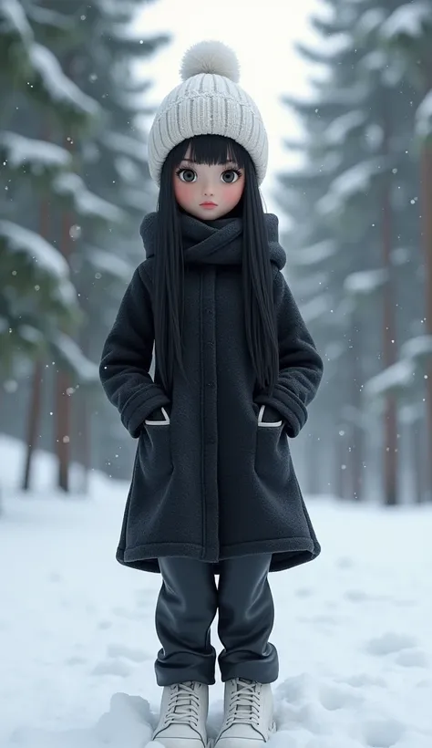 CG Design.High Quality 3D Full Body Image Head to Toe Beautiful Girl Teen White Skin Long Black Hair White Skin Wearing Black Long Sleeve Knitted Shirt Wearing White Yarn Hat Wearing Black Pants White Shoes Pocket Spa Teen Standing Under Pine Trees Sprayed...