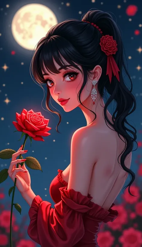  High Resolution ,  high detail, quality,  A glowing red rose stands in front of a beautiful girl, long eyelashes， Shiny black hair ，Lips slightly open，smirk,looking down camera, Exquisite jewelry ,  delicate and lively brush strokes , Exposes Sexy Beautif...