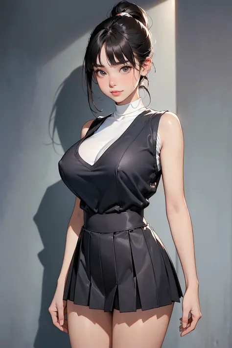 ((Female student coming down stairs )), (( top quality)),  clear , Photo style, ((Shorten your head,  Slender Eyes, Hazel Eyes, round face, Thin eyebrows, Huge G-cup breasts, Thin torso , Strong thighs,  big hips,  white skin)), ((dark brown ponytail, Blun...