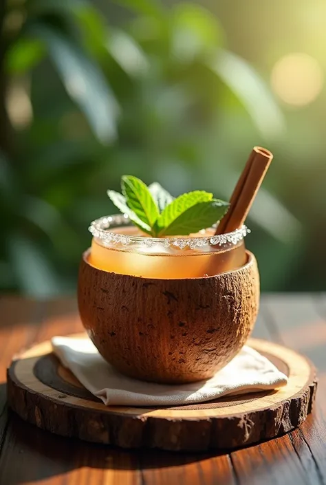 A beautifully crafted welcome drink served in a coconut shell cup with intricate natural patterns. The drink is clear and garnished elegantly with a single cinnamon stick resting inside and a small sprig of fresh mint placed on the edge. The cup sits on a ...