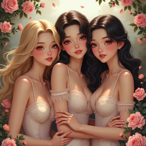  Masterpiece、 Max Image、 top quality、Highest Rating、( 3 beautiful princesses  ,   and 2 have blonde hair、The other one has dark hair ), ideal female body, beautiful female fingers, kiss, flower, nicely perfumed