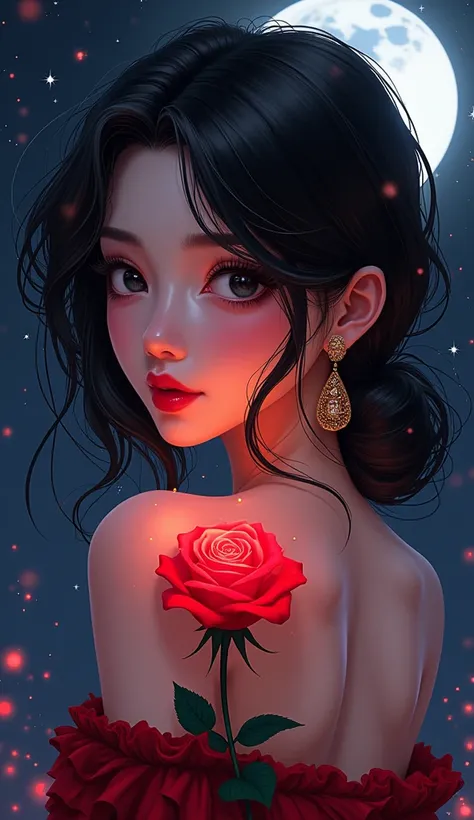  High Resolution ,  high detail, quality,  A glowing red rose stands in front of a beautiful girl, long eyelashes， Shiny black hair ，Lips slightly open，smirk,looking down camera, Exquisite jewelry ,  delicate and lively brush strokes , Exposes Sexy Beautif...