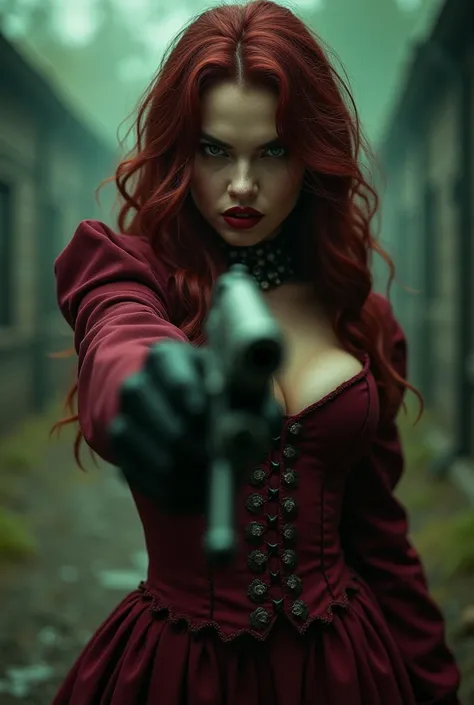 Woman goth aim revolver at you angry eyes scream, dark red long wavy hair, green eyes, dark red lipstick, 1899, western, wine red dress with an corset, 8k , ultra realistic picture, cowgirl.