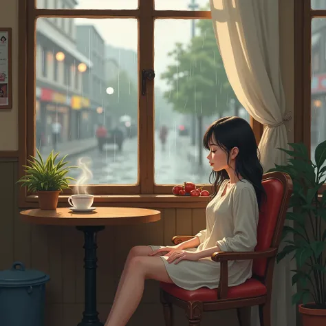 Cute girl sitting on a chair in a cafe watching the rain outside, eyes closed