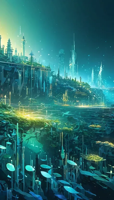 Create an AI artwork that envisions a futuristic metropolis submerged underwater. Show advanced architecture, aquatic life, and ethereal lighting effects. The image should evoke a sense of wonder and exploration.