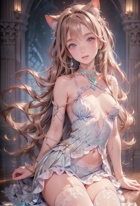 1 cute girl with cat ear and cat tail, ligne claire, contour deepening beautiful detailed glow, by famous artist,  head tilt, long white hair, curly hair, Air bangs, Grey hair, beautiful detailed hair, Beautiful face, ^ ^, lovely big eyes, flat chest,   ze...