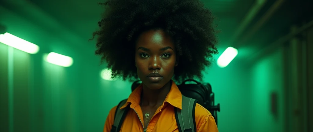 a stunning beautiful Afro  woman ,afro hairstyle, wearing a Ghostbusters costume and goggles. She has a backpack and is holding a proton pack. The background is dark, with green glowing lights shining.excessively real textures, film photo, pulp, best quali...