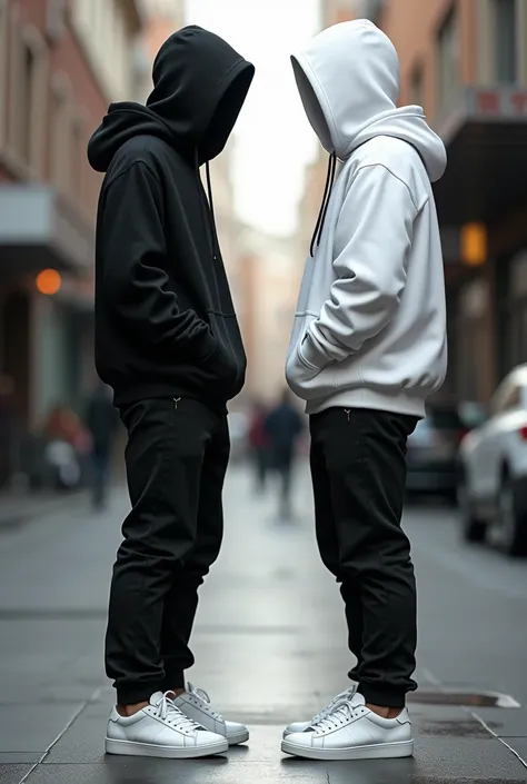 Man dressed black hoodie, black pants, white sneakers meet with man dressed white hoodie, black pants, white sneakers