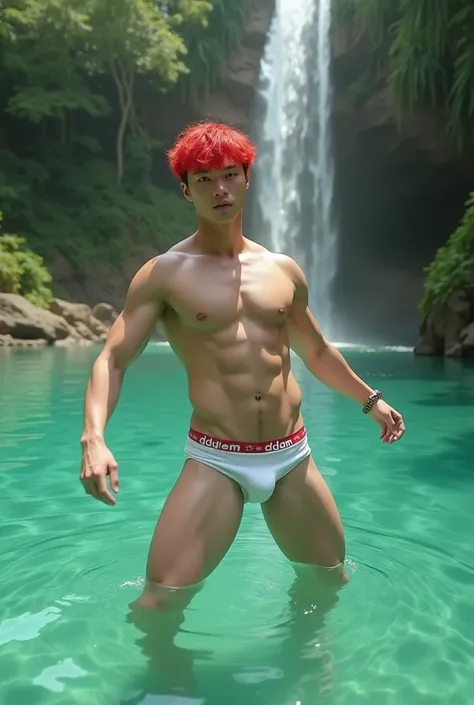 in a serene natural pool with clear, emerald green waters, surrounded by lush greenery and a cascading waters Falls in the background, under a clear bright sky. There’s a 18yo handsome Chinese idol guy model vivid red hair wearing a white bikini Briefs wit...