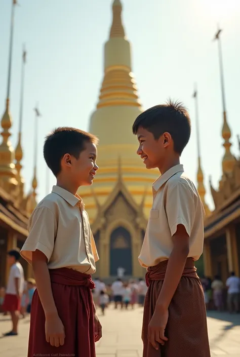 two Burmese boys are talking in front of Shwedagon pagoda