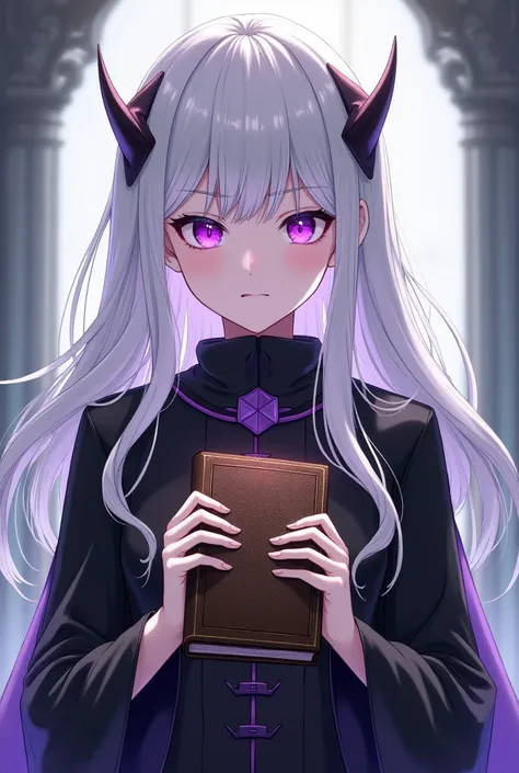 A female character who is milky skin with white hair and purple eyes wearing black clover anime clothing clutching a grimoire whose eyes look normal and doesnt have pointy ears 