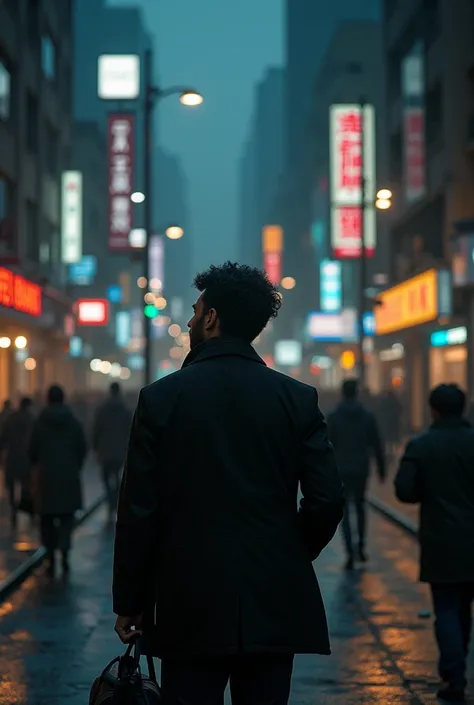  A city at night, a bit dark, with one charismatic person walking in the street surrounded by people. The person is the central figure, deep in thought, as if searching for answers to questions.

