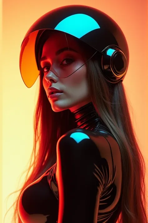 A striking portrait of women with contrasting appearance, with long brown hair and a glossy bodysuit. wear futuristic metallic helmet that reflect vibrant colors and light. The background features a soft gradient of warm hues, enhancing the boldness of her...