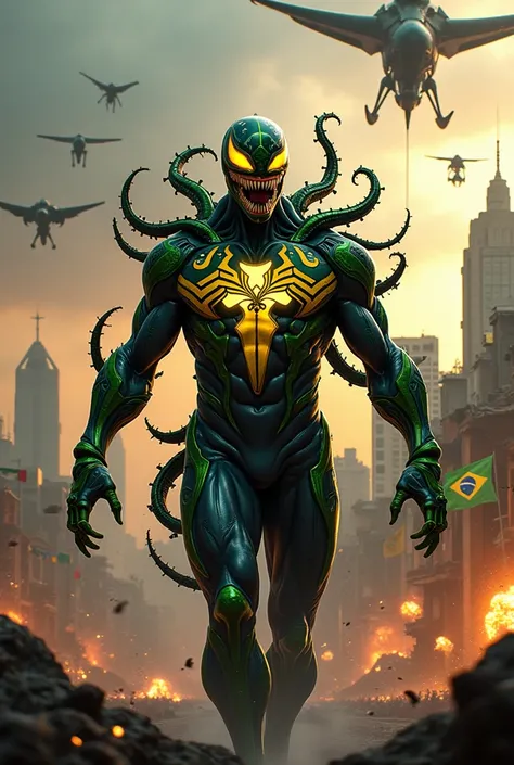 A reimagined version of Venom as a modern Brazilian anti-hero in a futuristic battlefield. He wears a symbiotic armor infused with green and yellow accents, inspired by the Brazilian flag, with streaks of blue and white forming the iconic sphere of the Ord...