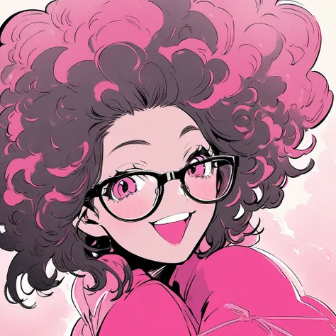  for women in their 30s with voluminous afro hair　One person　Front illustration　 hair color is dark tone 　Lucky color is pink 　smile　 is wearing glasses