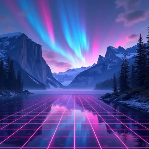 A mesmerizing digital landscape combines nature and technology in perfect harmony. Purple and blue light dances across a mirror-like mountain lake, while a geometric grid pattern glows beneath the surface. Above, a spectacular aurora paints the sky in wave...