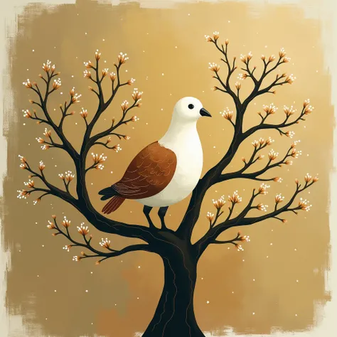 An image of a round partridge in a stylized pear tree, on a textured background with a moody palette of muted tones in mustard shades of color, resembling abstract brush strokes. add snowflakes for a more magical and festivee ambience. the overall ambience...