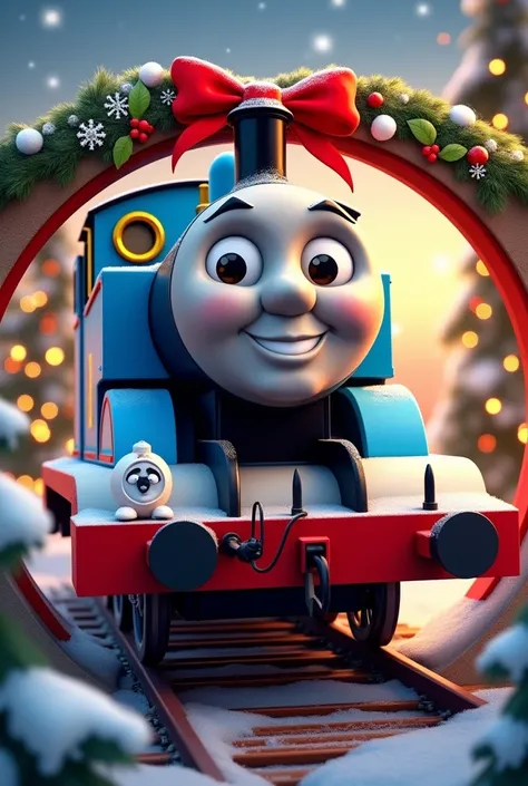 Round image of Thomas the Christmas train 
