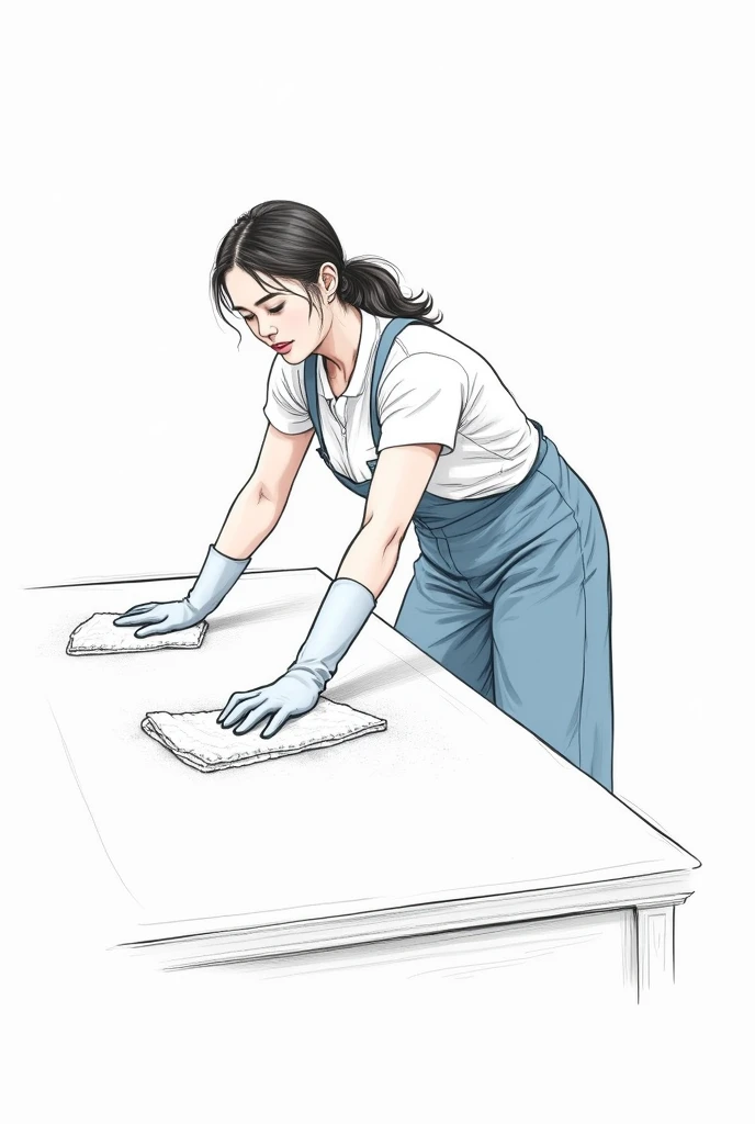 A woman is standing dusting a very dusty white table. She is wearing white rubber gloves on both hands, a white towel in one hand, and nothing in the other. She is wearing blue pants and a shirt, her hair tied back tightly. I will only draw with line drawi...