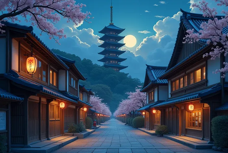   Alaf view of a street with a pagoda in the background, Matte painting by Kiyomasu Torii  ,  Shutterstock, Ukiyo-e,  Japanese Street, Japanese cities at night, Kyoto inspired, Japanese cities, Japans Deeper Travel Exploration , , Kyoto japan setting, Japa...