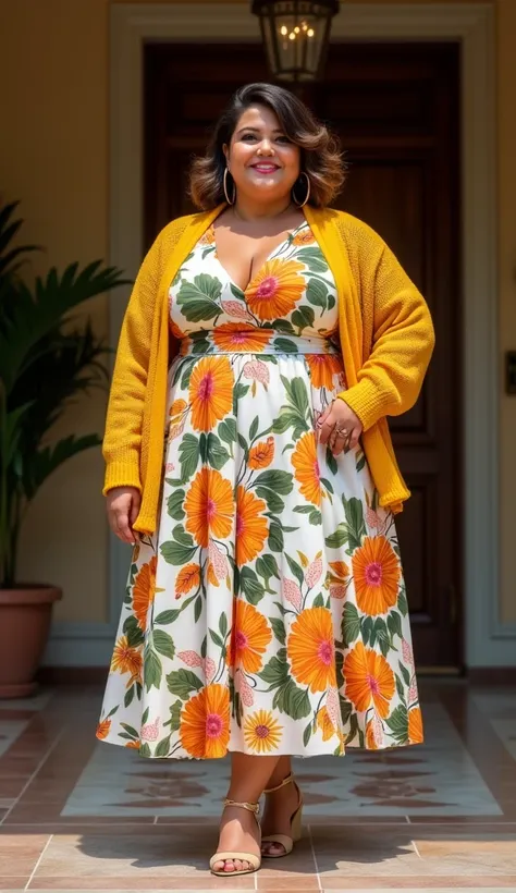    A Latin woman, 36 years old,  very very chubby, chubby,  with light brown hair in a wavy bob cut .  She wears a midi dress with a vibrant floral print ,  combined with a mustard yellow knitted cardigan .  She wears large hoop earrings and block heel san...